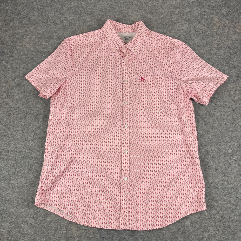 Penguin Button Down Shirt Geometric Pink Cotton Stretch Mens Medium M